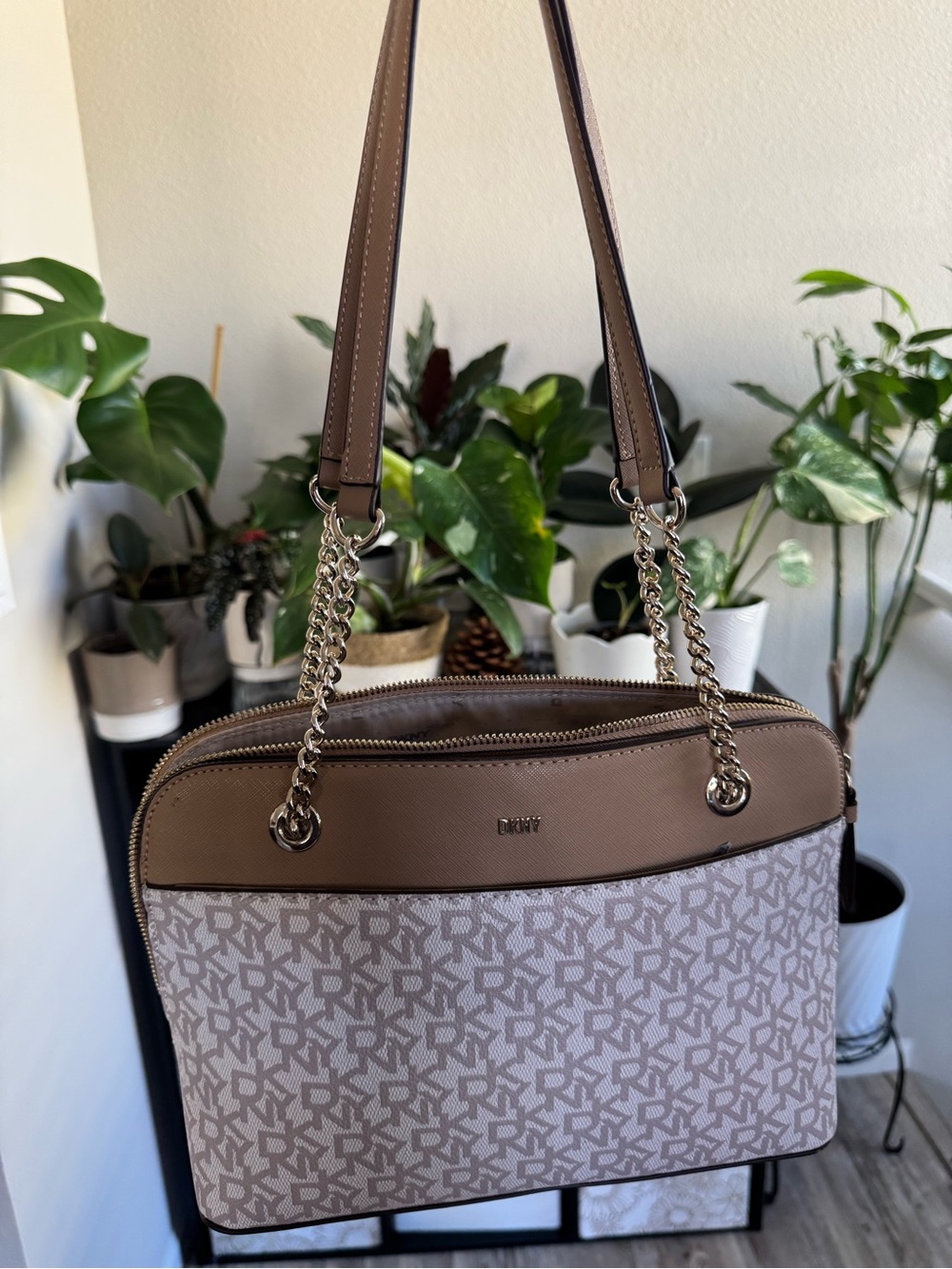 DKNY Taupe Logo-Print Shoulder Tote with Chain Straps